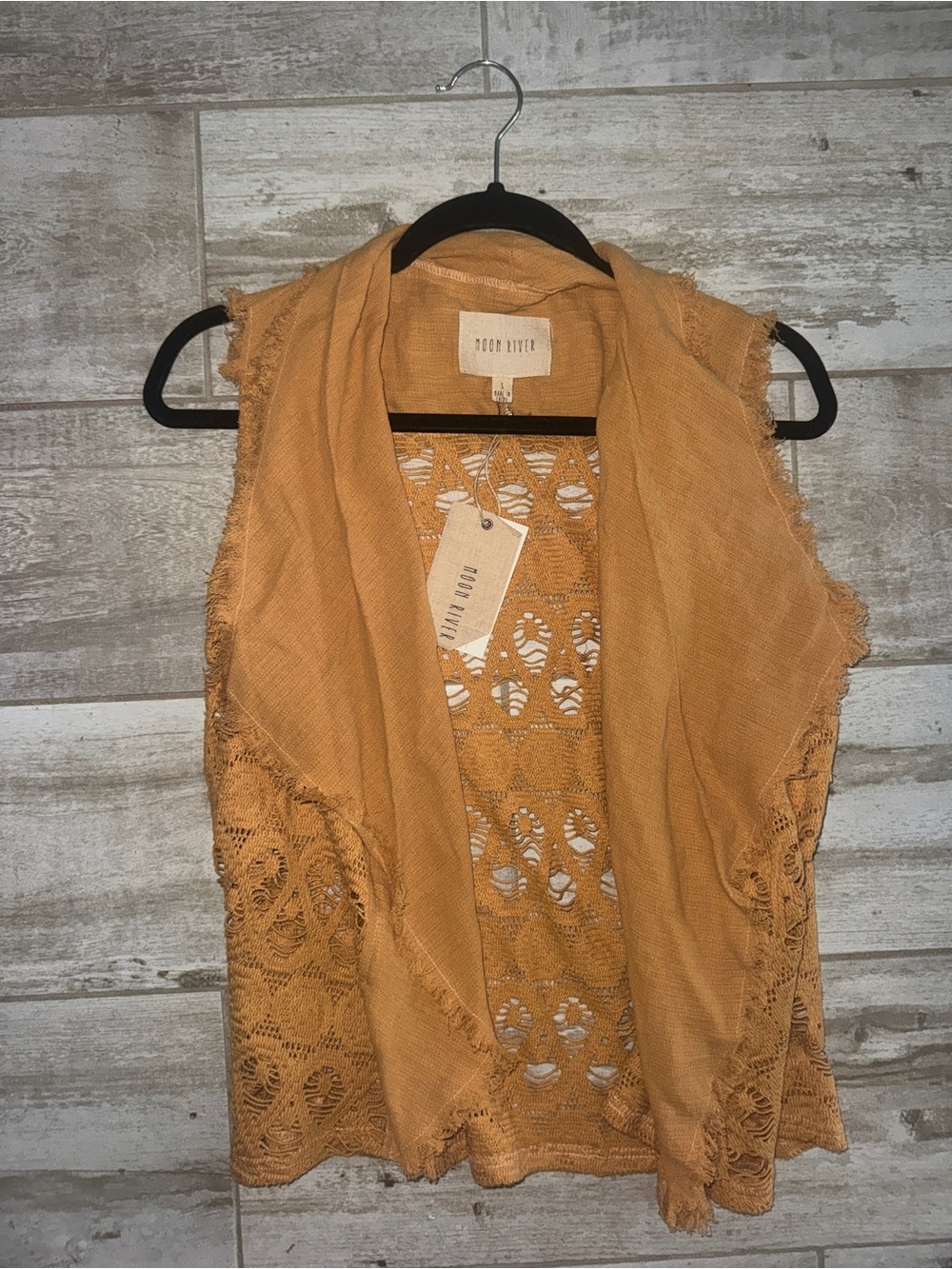 Moon River Mustard Crochet Open-Front Vest